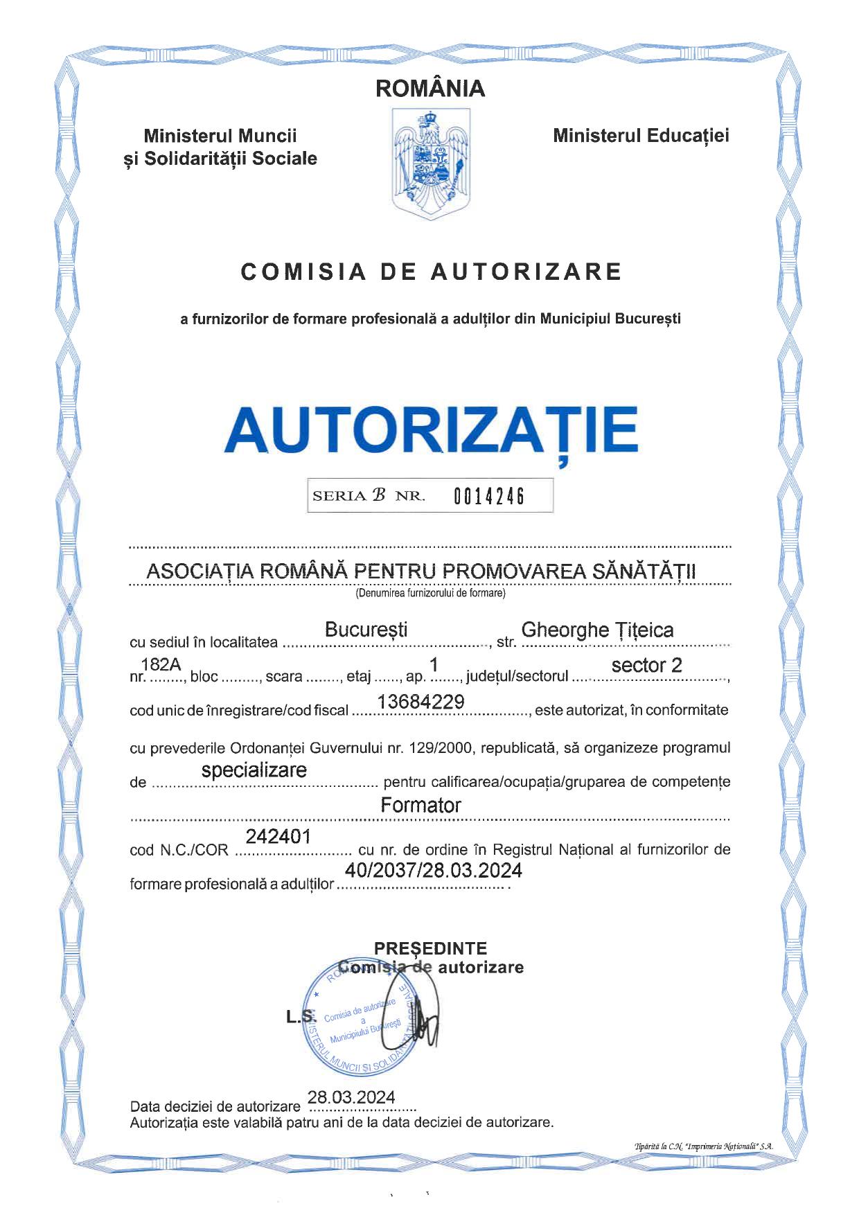 Preview Autorizatie organizare curs formator