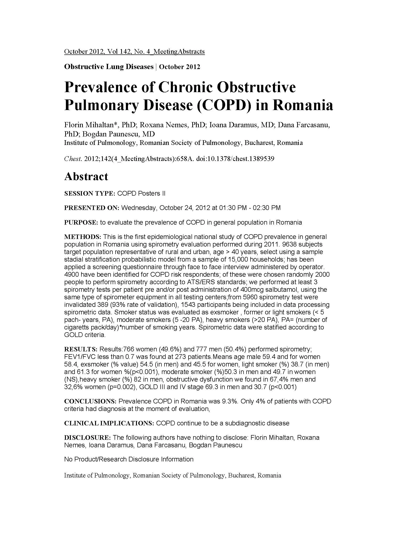 Prevalența BPOC (COPD) în România — studiu epidemiologic național cu evaluare spirometrică